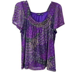 Apt 9 Purple Blouse Beaded Neckline Short Flowy Sleeves Size Petite Large